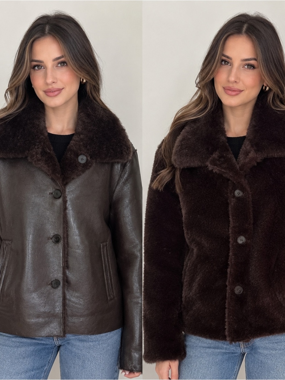 Women’s reversible leather shearling coat with a faux fur collab classic brown